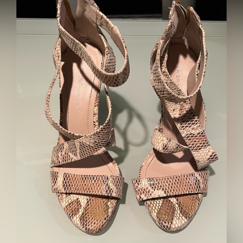 BCBG snake ankle strap heels